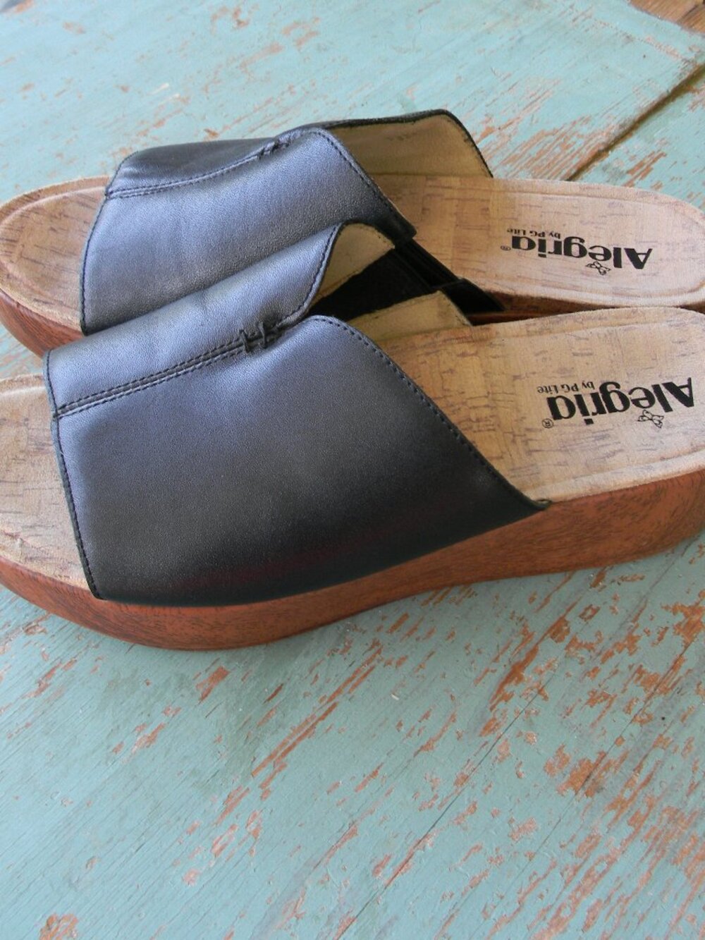 Alegria Women’s Triniti BLACK LEATHER WOOD Platform Wedge Slide Sandals SZ 41 10